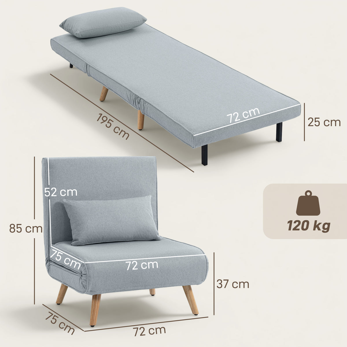 3-in-1 slaapfauteuil, eenpersoons slaapstoel, verstelbare rugleuning in 5 posities, stof, met kussen, grijs