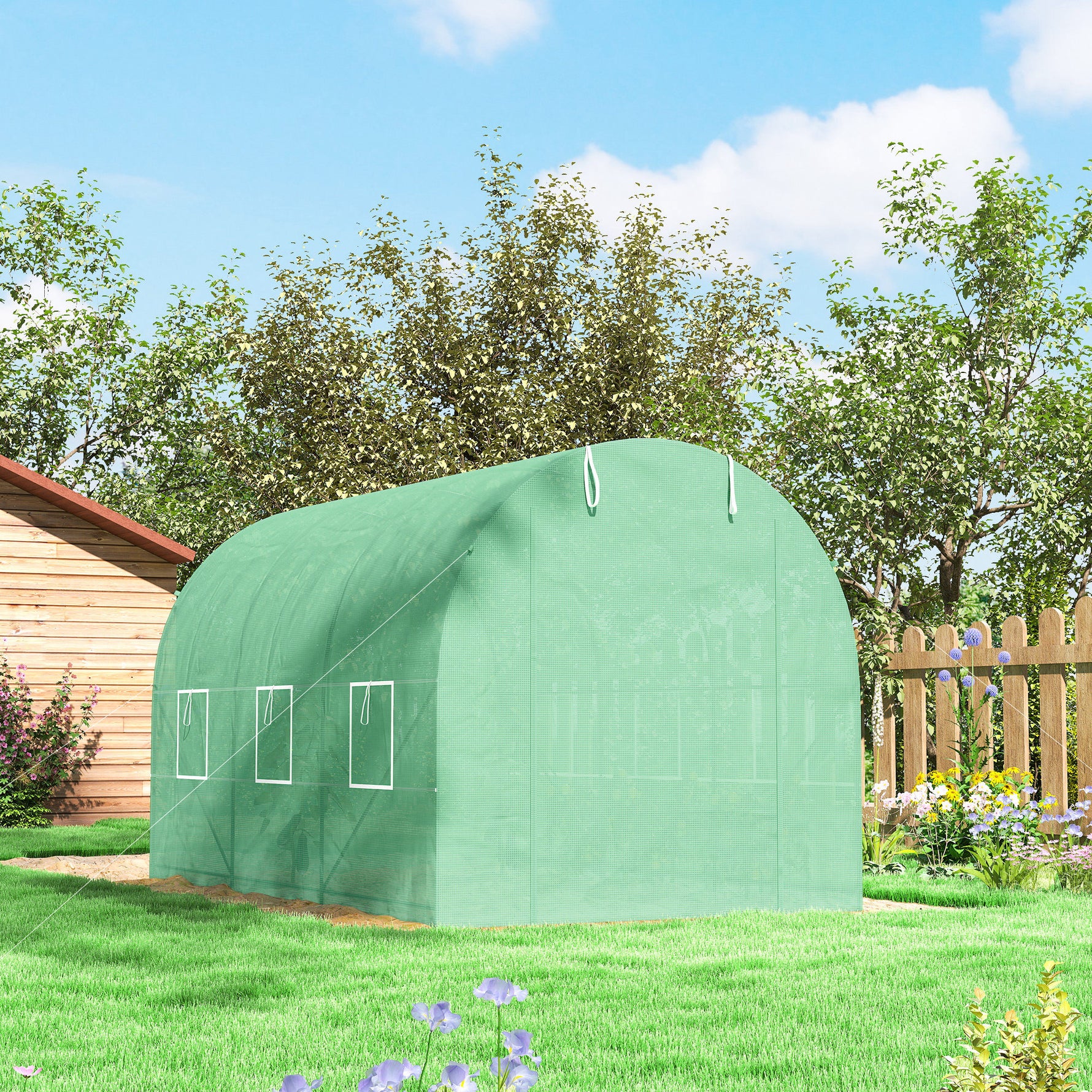 Serre de Jardin Tunnel Surface Sol 7m² 3,5L x 2l x 2H m châssis Tubulaire renforcé Porte zippée 6 fenêtres enroulables Vert