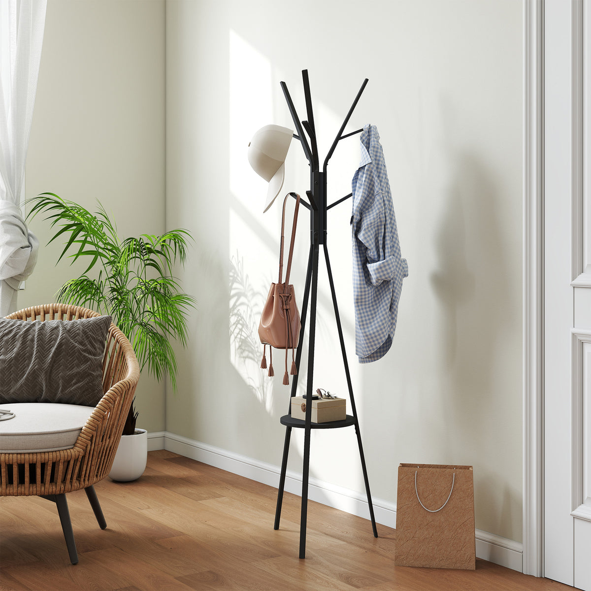 Porte-manteau trépied design contemporain branches étagère + 9 patères dim. 45L x 45l x 180H cm métal noir