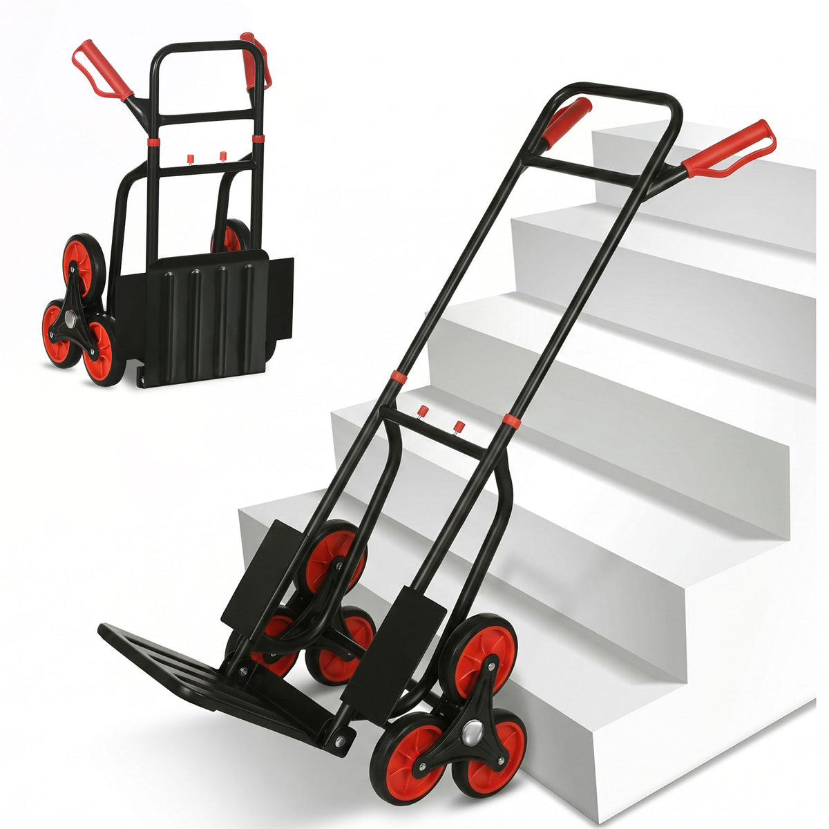 Diable d'escalier pliable 120 kg 6 roues, diable demenagement en acier avec cordes télescopiques, 44x67x106,5cm, rouge