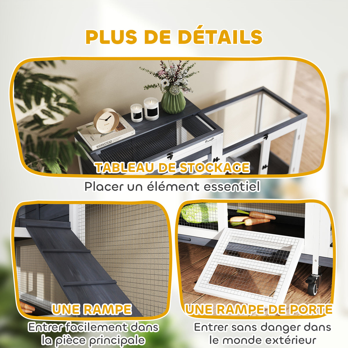Gabbia per conigli in legno a 2 piani con ruote, 3 vassoi, per 2-3 conigli, 147 x 45 x 89,5 cm, grigio