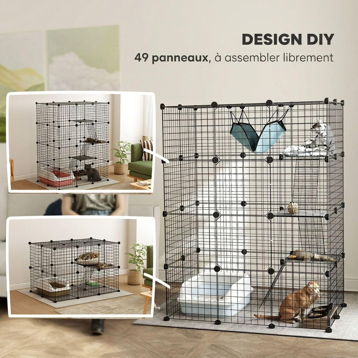 Indoor-Katzenkäfig, 4-stöckiger DIY-Katzenlaufstall aus Stahl mit 5 Türen und Hängematte, für 1-3 Katzen, 105 x 70 x 140 cm, Schwarz