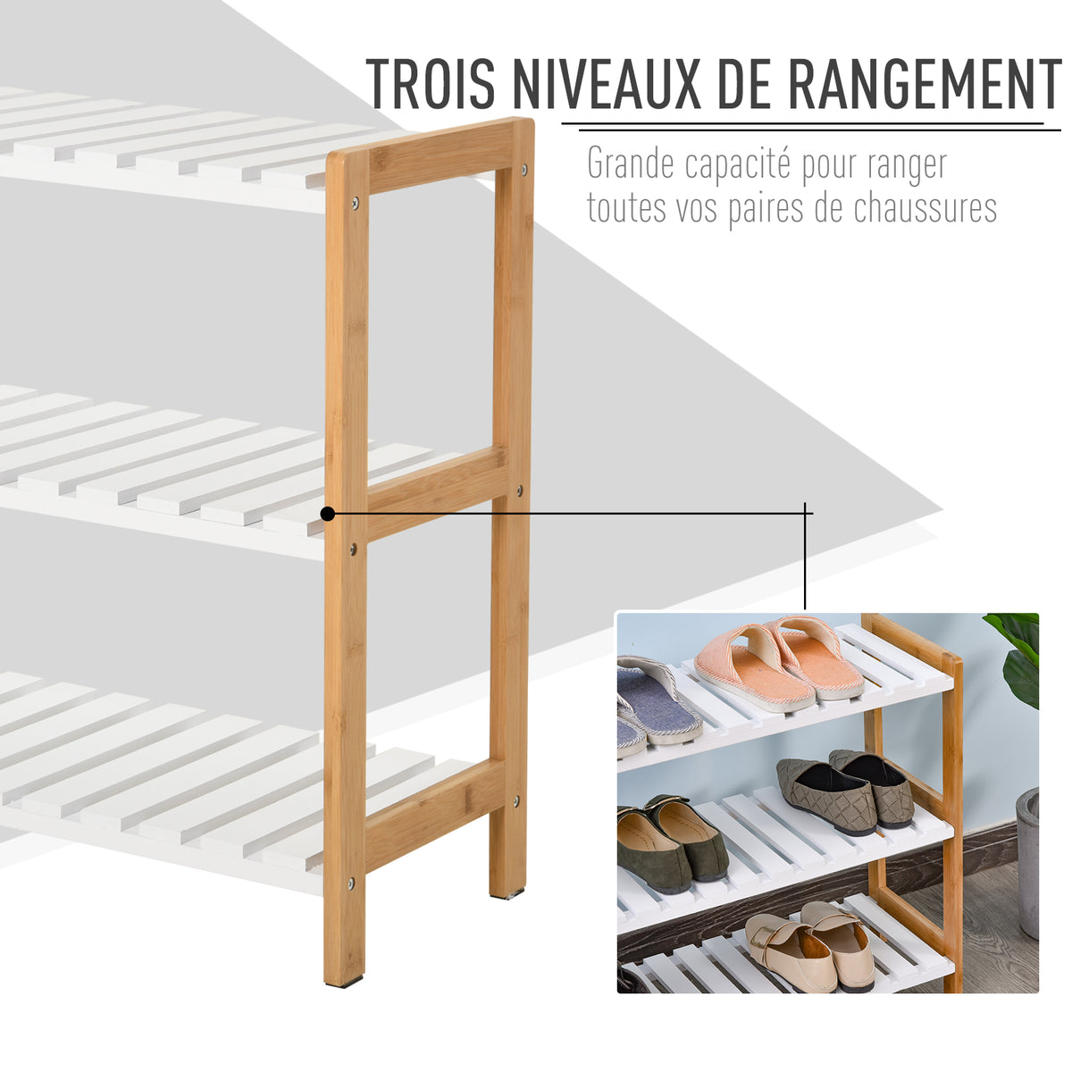 Étagère à chaussures à 3 niveaux, porte-chaussures en bois de pin avec 3 étagères à lattes, pour salon, entrée, 70 x 26 x 57,5 cm, blanc et effet bois naturel