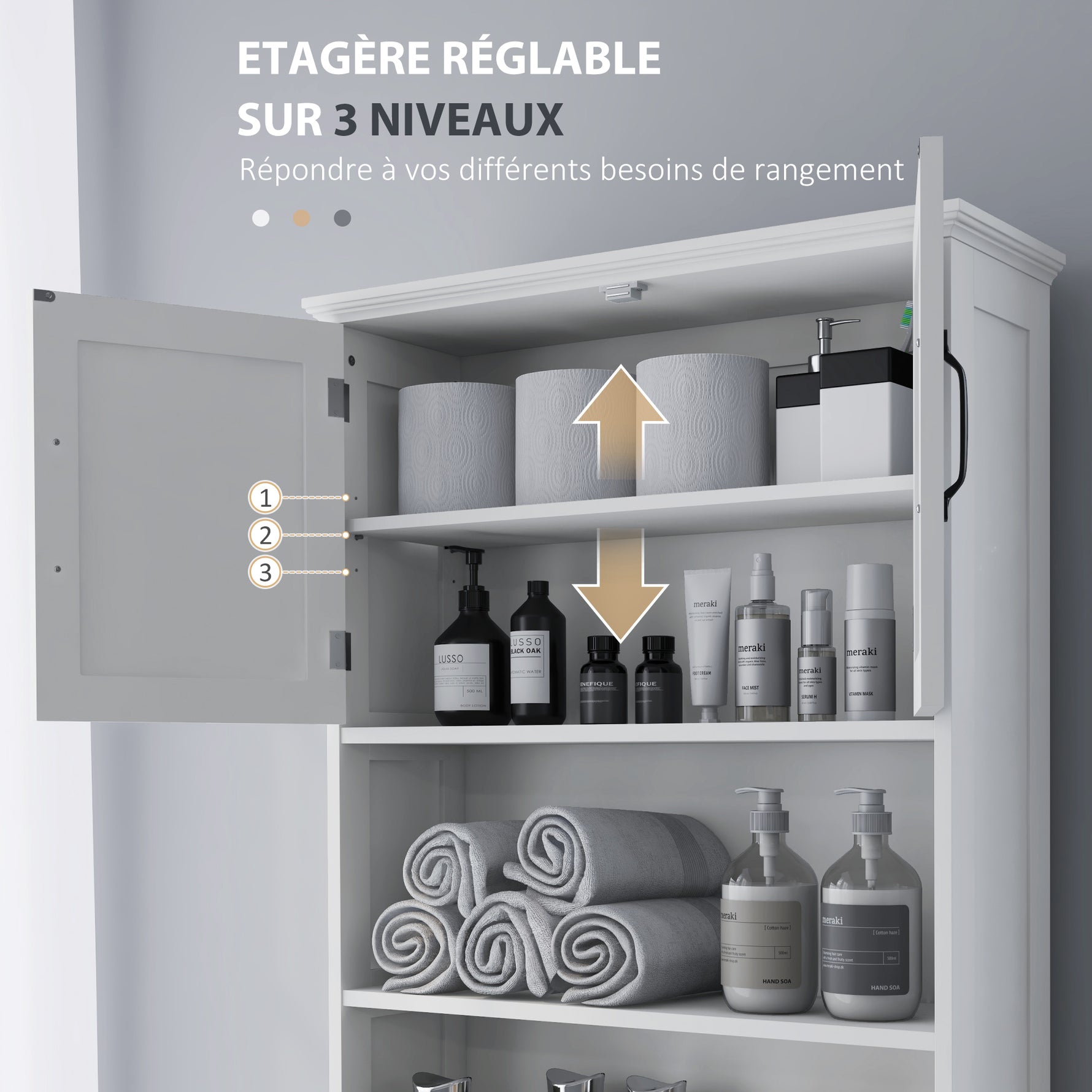 Meuble WC dessus de toilette armoire de rangement de salle de bain avec niches placard à double porte étagère réglable