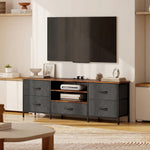 Meuble TV 140 cm, meuble télé 65 pouces, station de charge, 5 tiroirs en tissu, étagères ouvertes, 140x30x50cm, marron