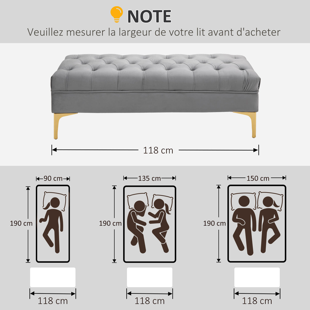 Banc banquette capitonnée bout de lit style classique chic dim. 118L x 45l x 42H cm piètement métal doré velours gris clair