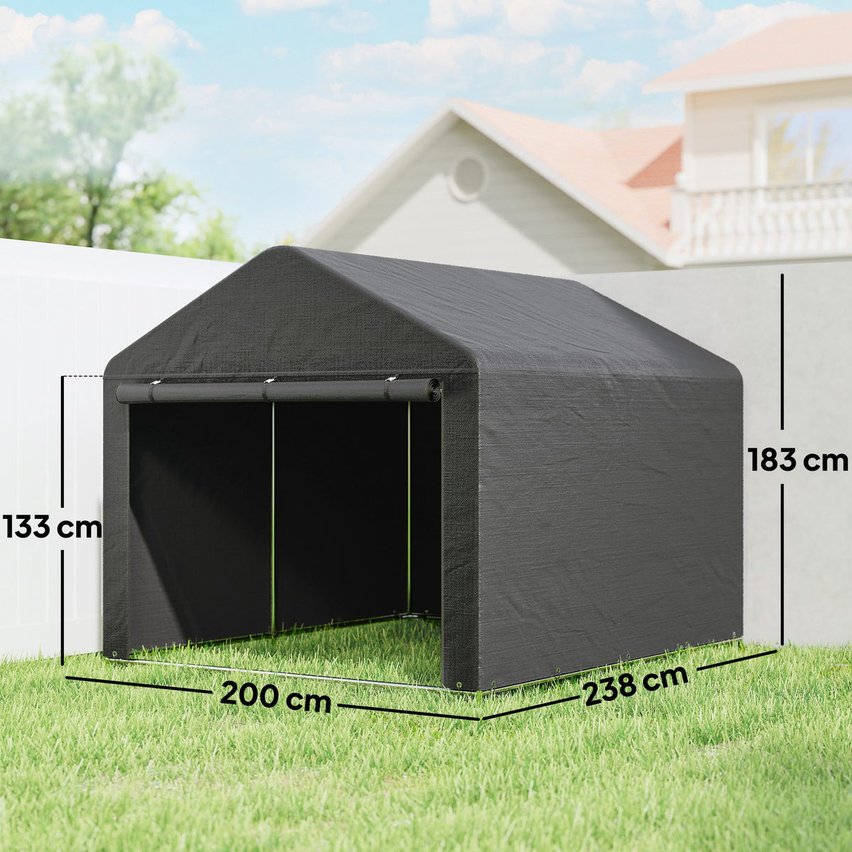 Abri de jardin tente de stockage imperméable abri moto porte enroulable fermeture éclair, 200 x 238 x 183 cm, gris foncé