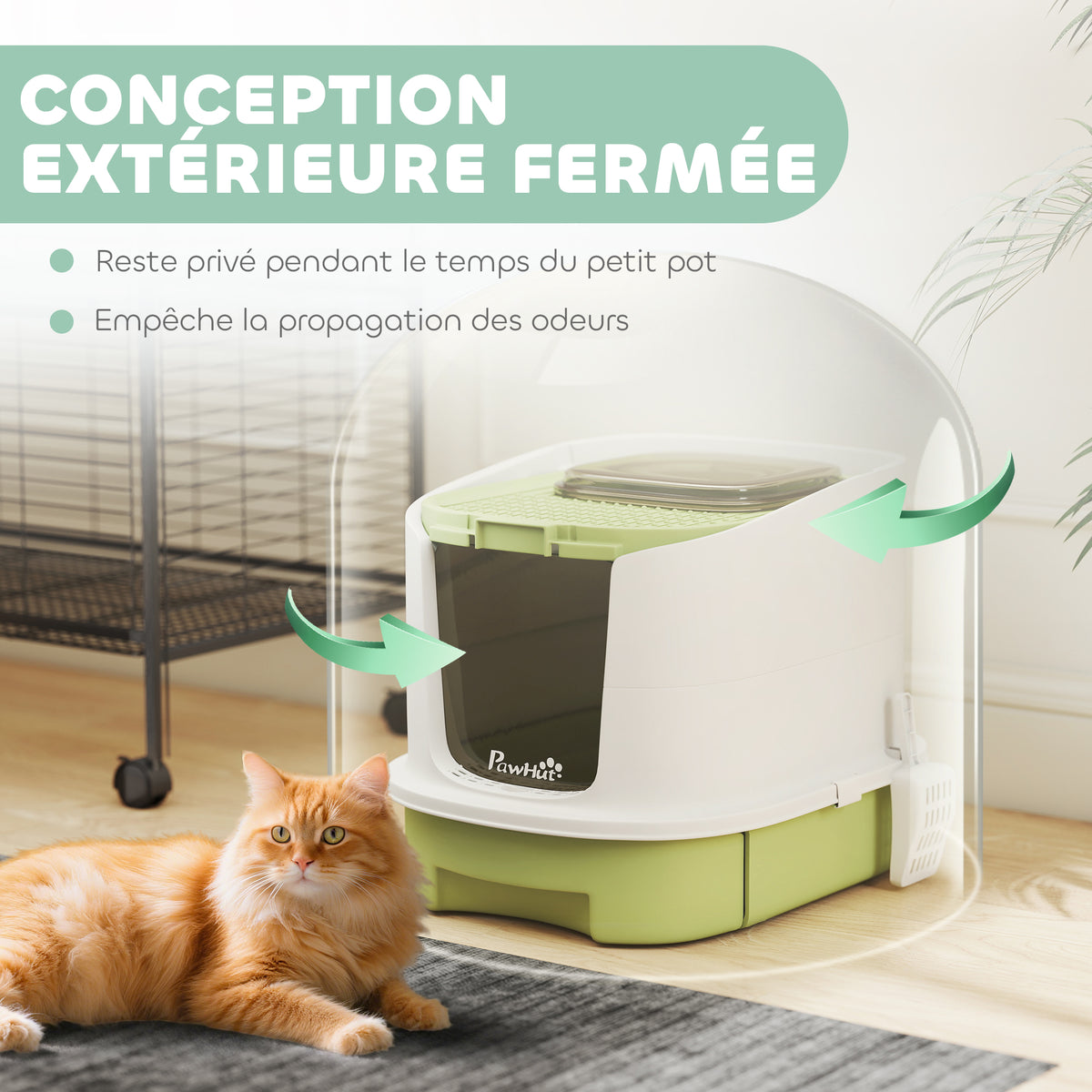Maison de toilette pour chat bac à litière fermé chat avec porte translucide pelle incluse 40,5 x 52,5 x 42,5 cm vert
