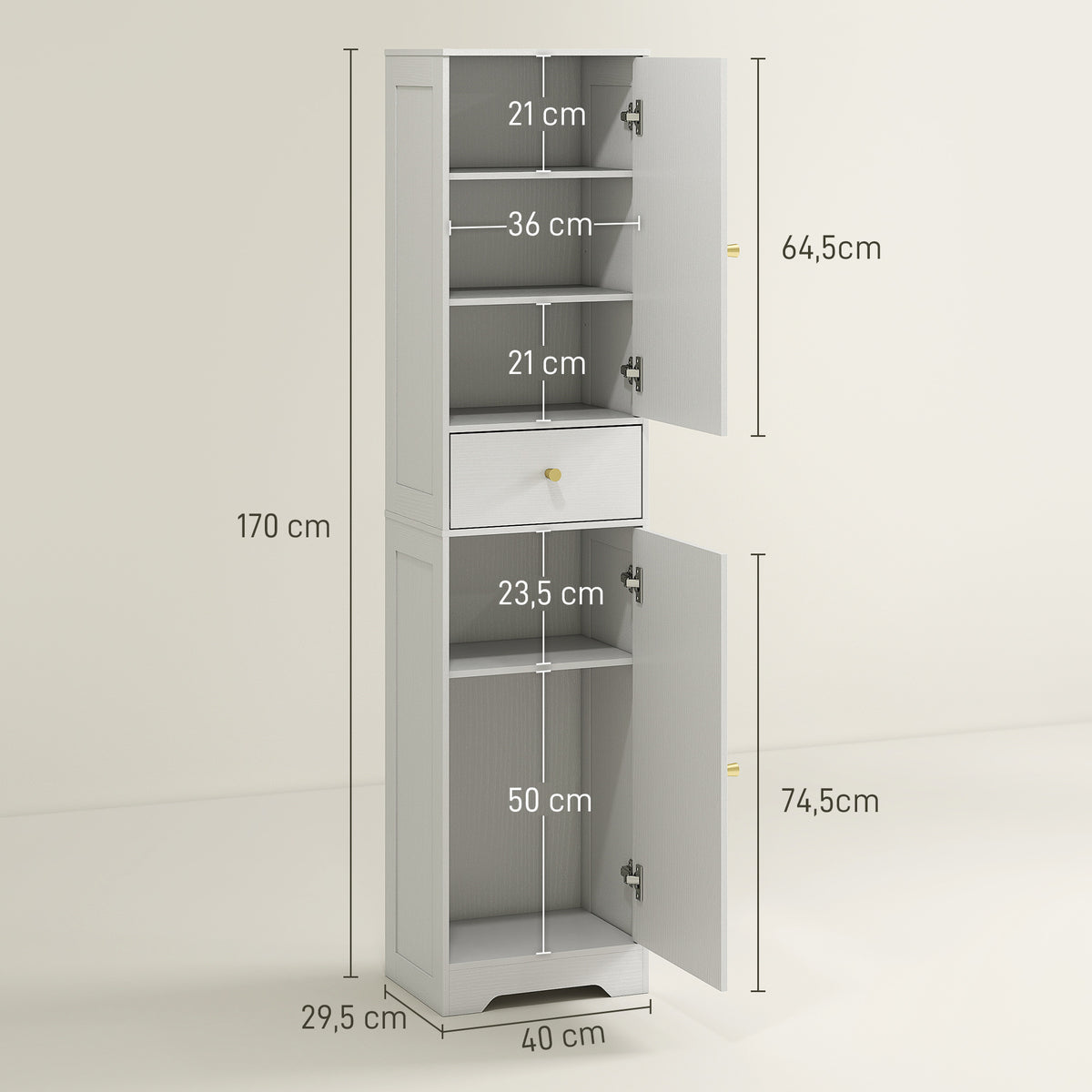Armoire salle de bain haute meuble de rangement colonne avec placards tiroir et étagères réglables 40x29,5x170cm blanc