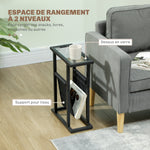 Table d'appoint étroite, bout de canapé en métal avec porte-revues et plateau en verre trempé, 40 x 18 x 55,5 cm, noir