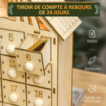 Calendario dell'Avvento in legno da riempire, decorazione natalizia con 24 cassetti e 5 luci LED, 26,6x6x30cm, legno naturale