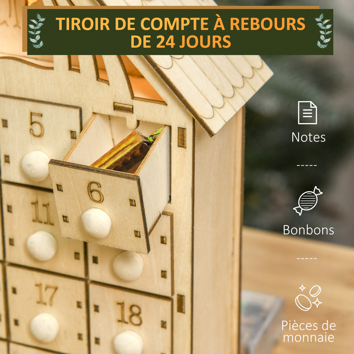 Calendario dell'Avvento in legno da riempire, decorazione natalizia con 24 cassetti e 5 luci LED, 26,6x6x30cm, legno naturale