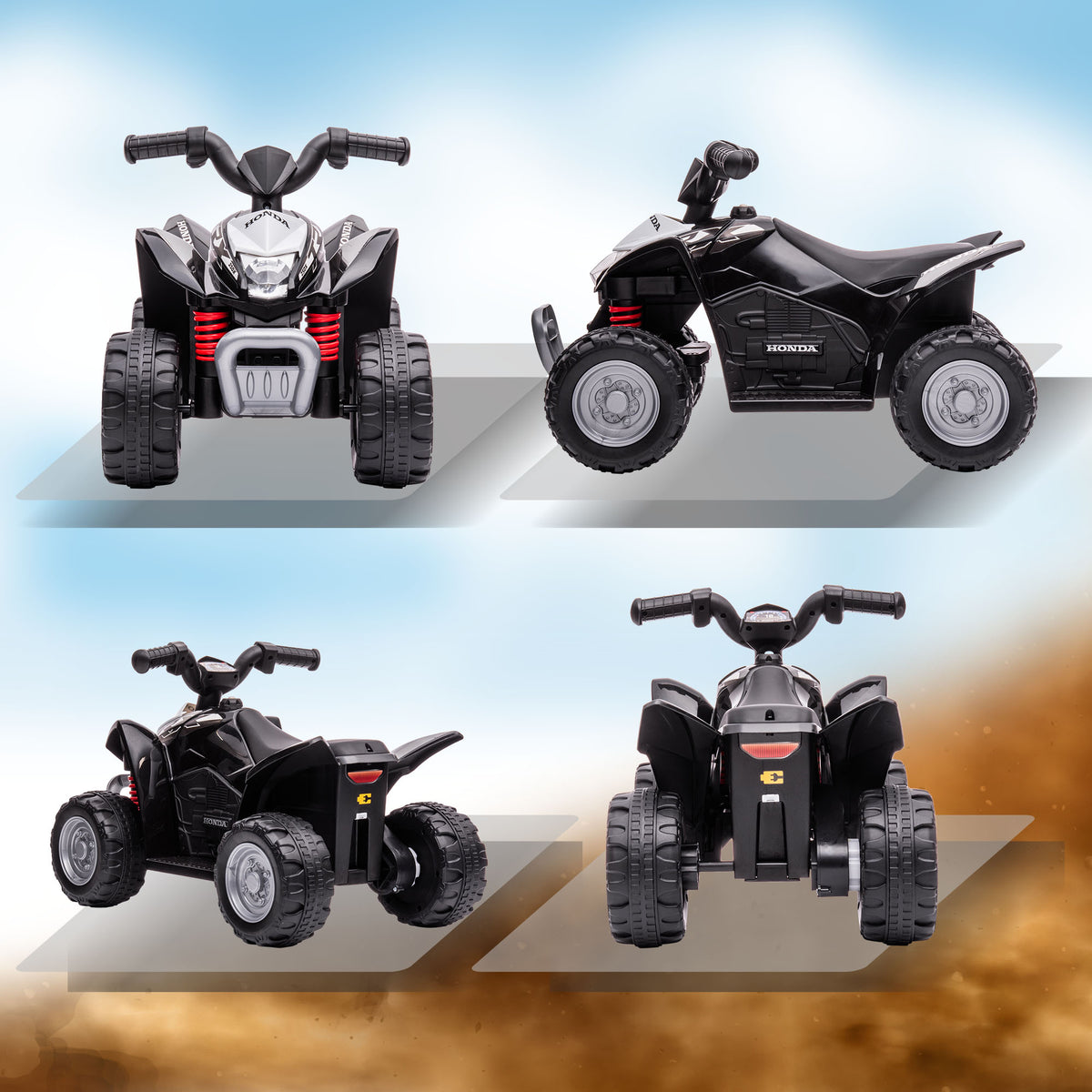 Quad électrique enfant 6 V, vitesse de 2,8 km/h, phares LED, klaxon, poignée et selle ergonomique, noir