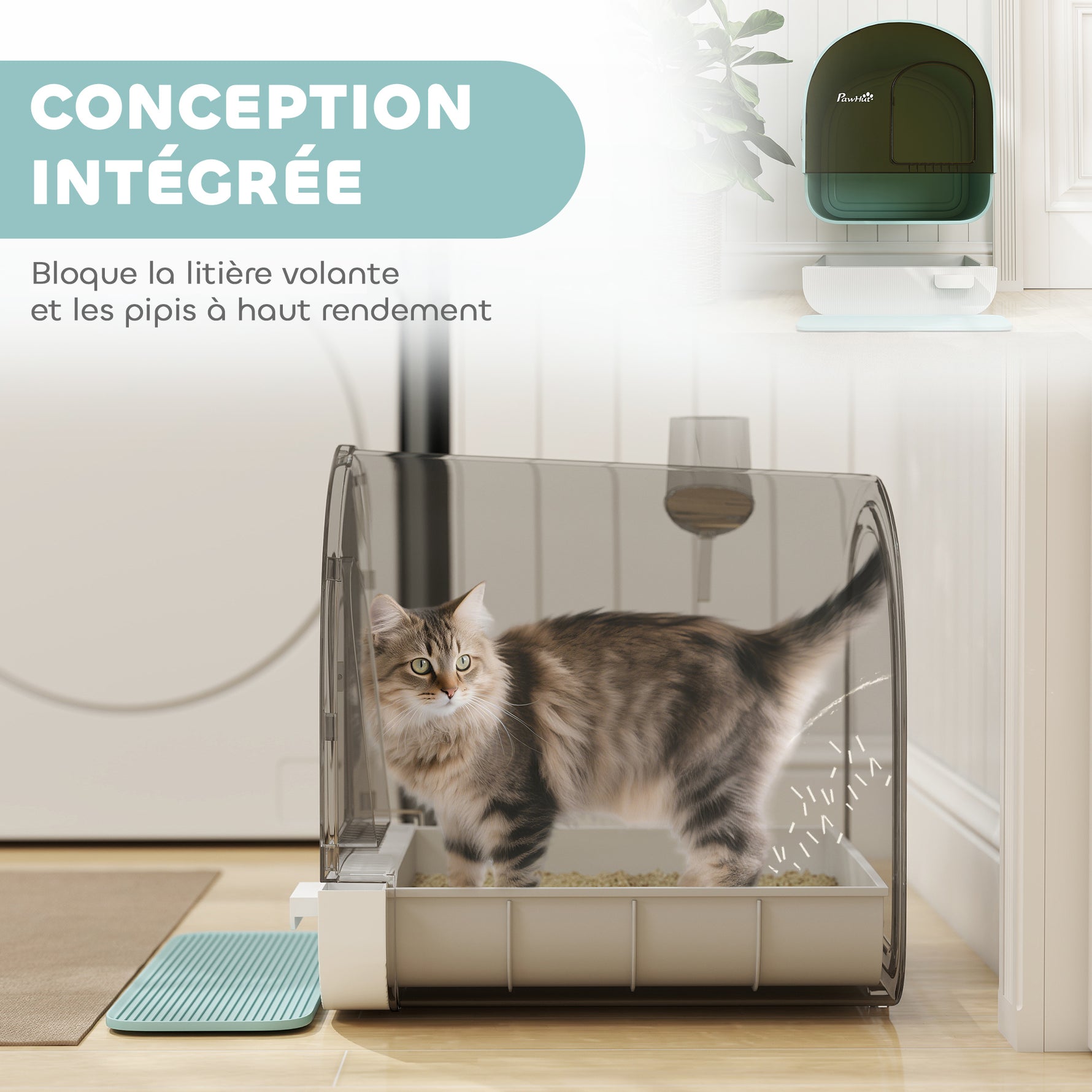 Maison de toilette pour chat avec tiroir amovible, bac à litière fermé avec tapis anti-trace, pelle, filtre anti-odeur et porte battante, nettoyage facile, 43 x 44 x 47 cm, vert