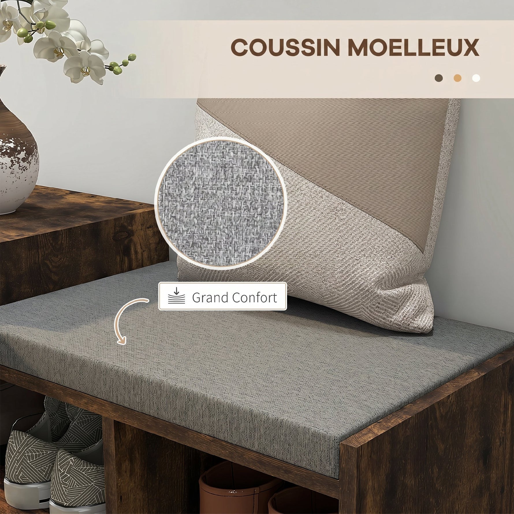 Meuble et Banc à Chaussures, 1 Tiroir et 3 Compartiments, Capacité 5 Paires, MDF, 76,5 x 30 x 52 cm, Marron