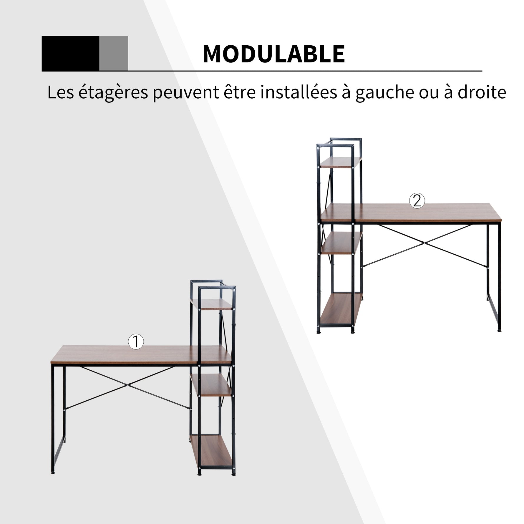 Bureau d'angle avec rangement design Industriel avec bibliothèque 3 étagères panneaux particules aspect noyer