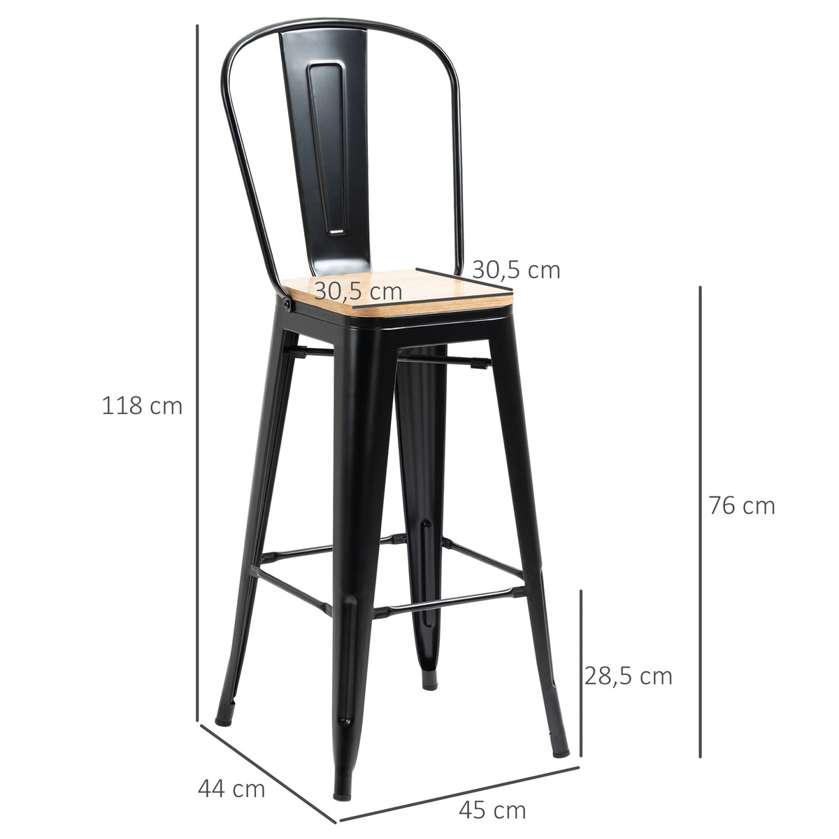Lot de 4 tabourets de Bar Industriel avec Dossier Repose-Pied Hauteur Assise 76 cm métal noir Panneaux Multicouches Imitation Bois Clair