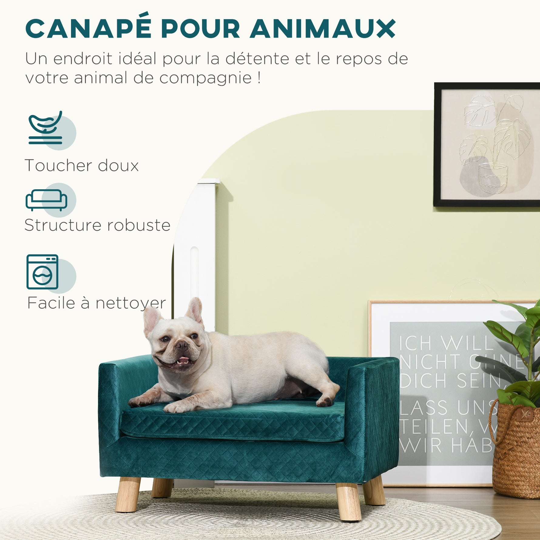 Canapé chien lit pour chien design scandinave coussin moelleux pieds bois massif dim. 64 x 45 x 36 cm velours bleu canard