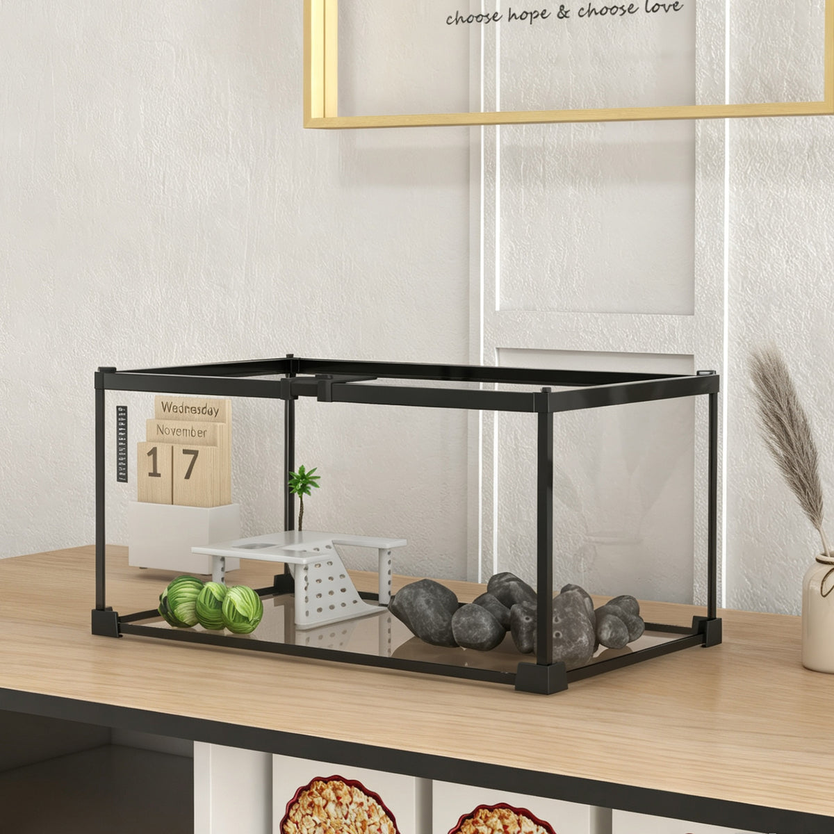 Aquarium pour Tortues avec Plateforme de Repos, Couvercle Coulissant en Filet, Thermomètre, 50x30x25cm, Blanc
