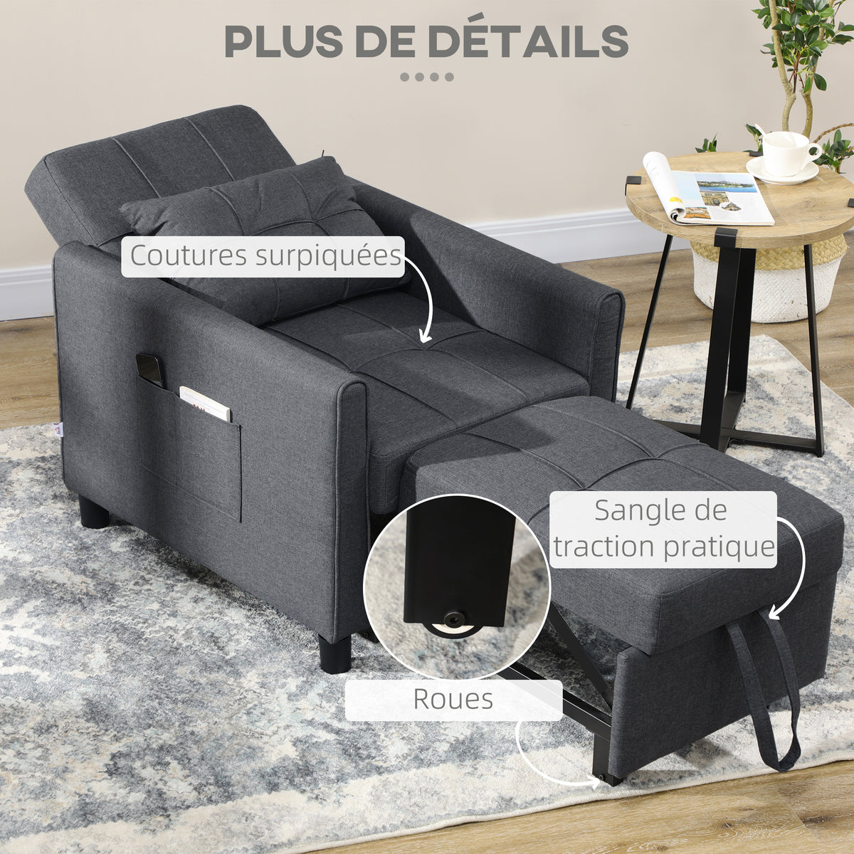 Fauteuil convertible 1 place 3 en 1 dossier réglable en 3 positions oreiller inclus 2 poches latérales 69x82x85cm gris