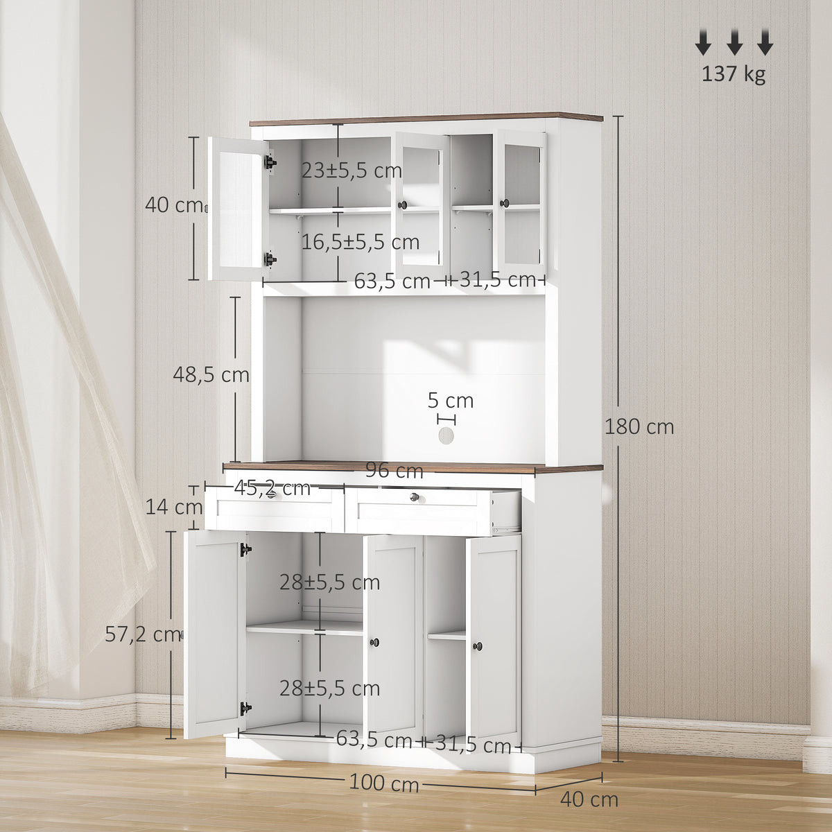 Buffet haut cuisine, armoire de cuisine, 6 portes, 2 tiroirs, plan de travail, étagères réglables, 100x40x180cm, blanc