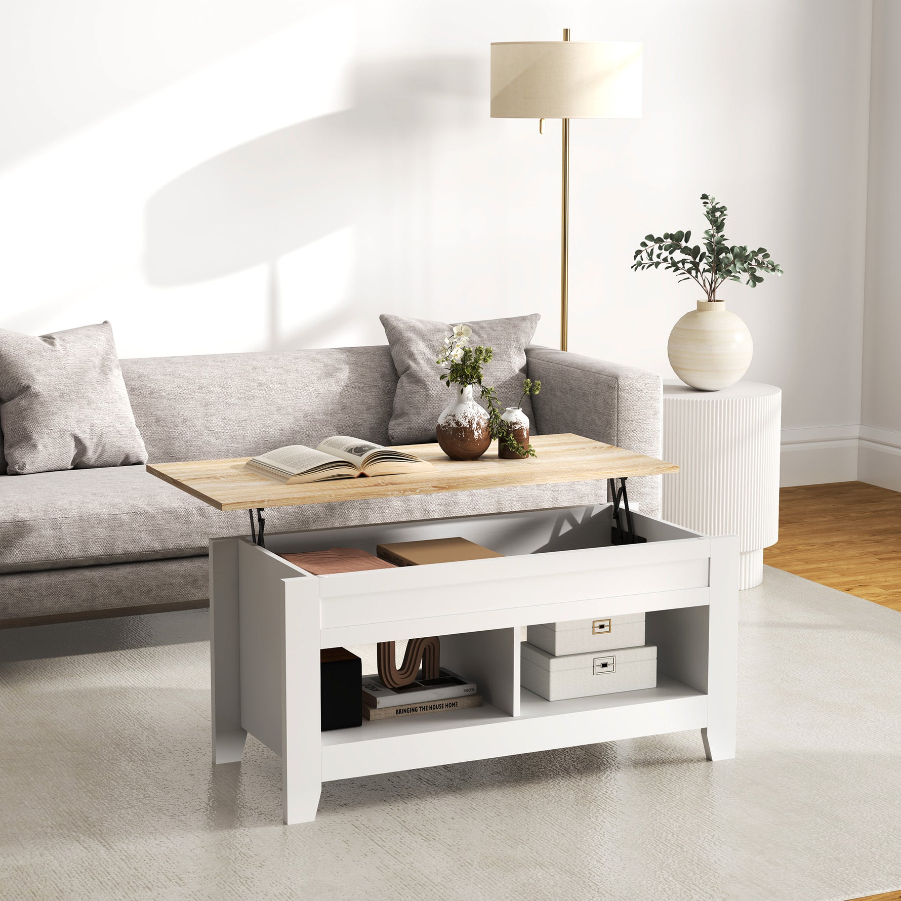 Table basse plateau relevable, table de salon avec étagères et compartiment caché,105 x 50 x 49-62,5 cm blanc