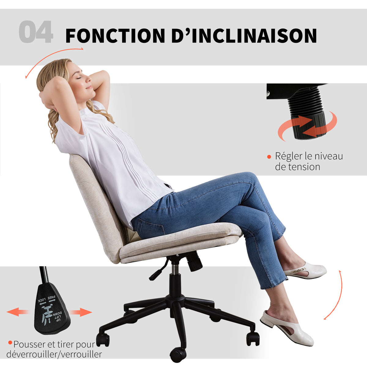 Chaise de bureau sans accoudoirs, fauteuil de bureau en chenille, hauteur réglable, 62 x 67 x 83-93 cm, beige