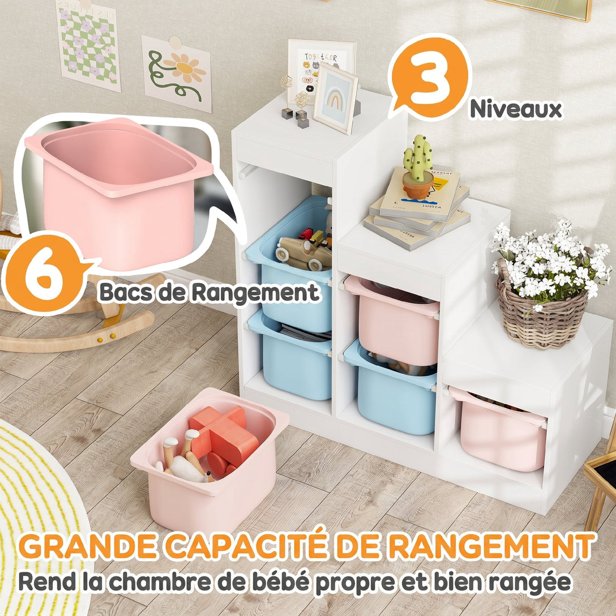 Meuble de rangement pour jouets des enfants avec 6 bacs amovibles, 3 niveaux de rangement, 96 x 38,5 x 90, multicolore