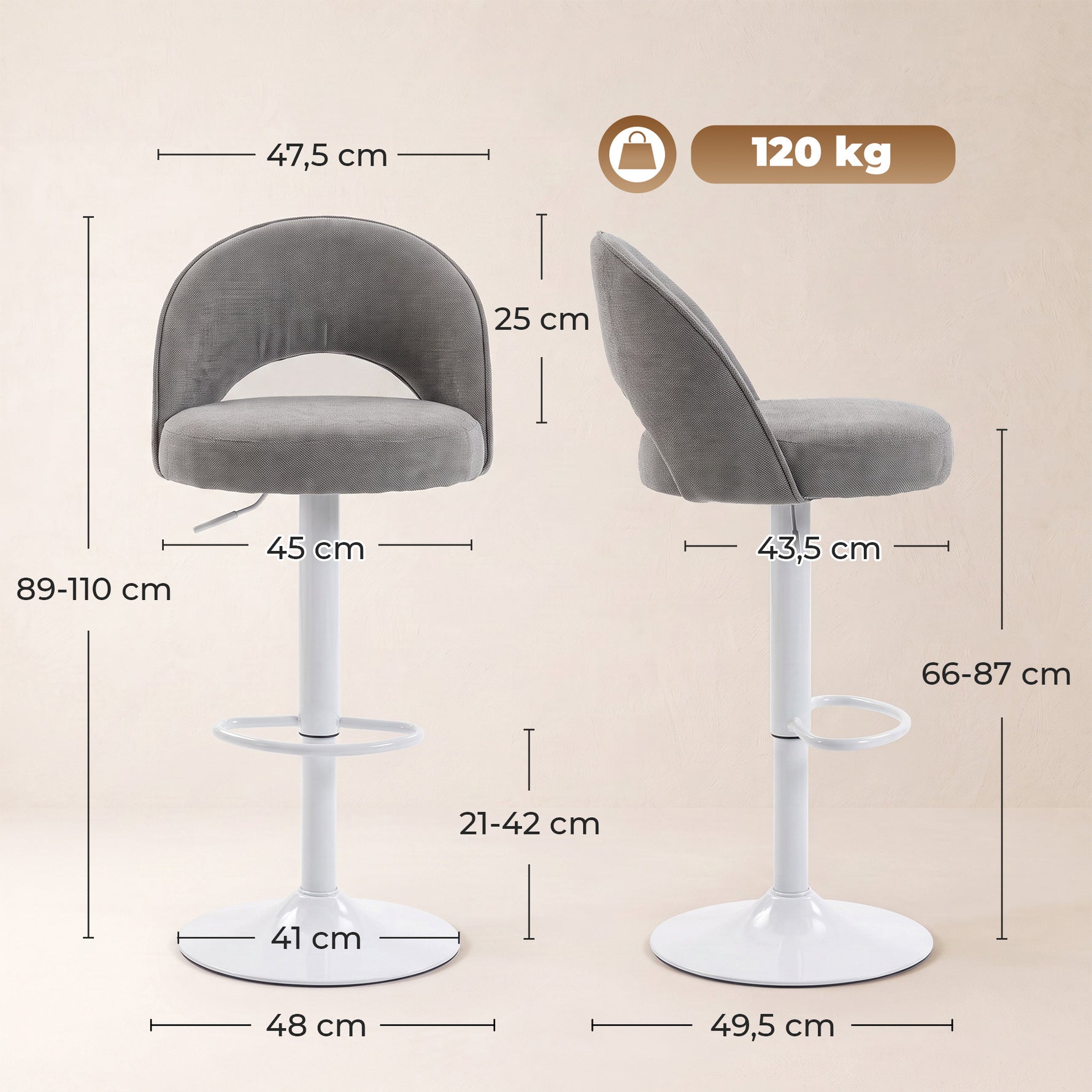 Lot de 2 Tabourets de Bar, Chaises de Bar Réglables en Hauteur, Assise Rembourrée en Chenille, Pivotant 360°, Gris