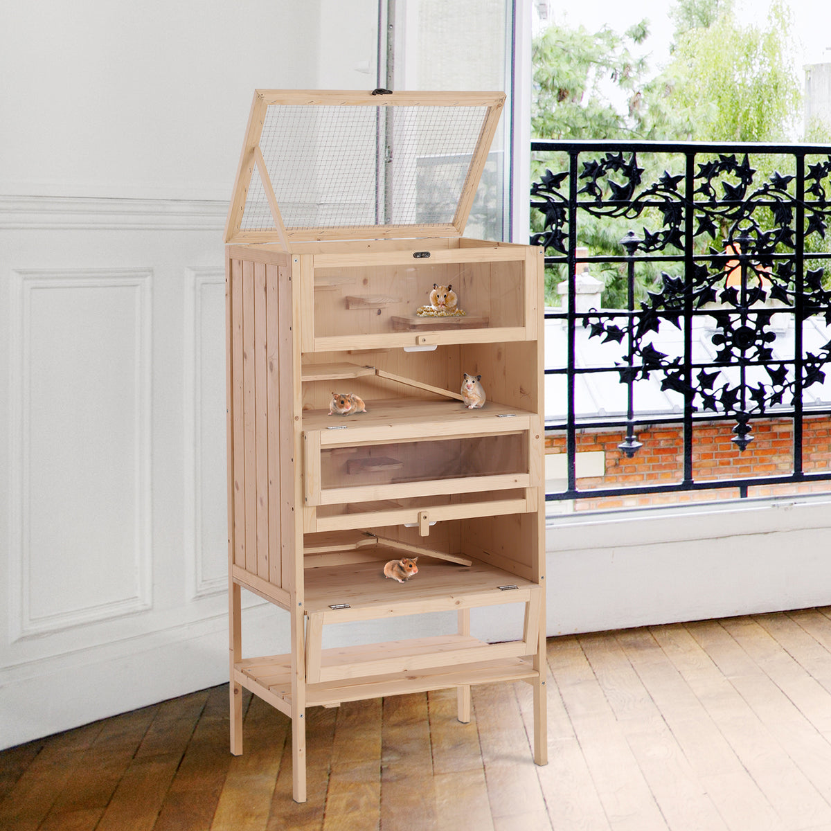 Cage pour hamsters souris petits rongeurs multi-niveaux 5 étages 10 plateformes bois de pin 60 x 40 x 120 cm