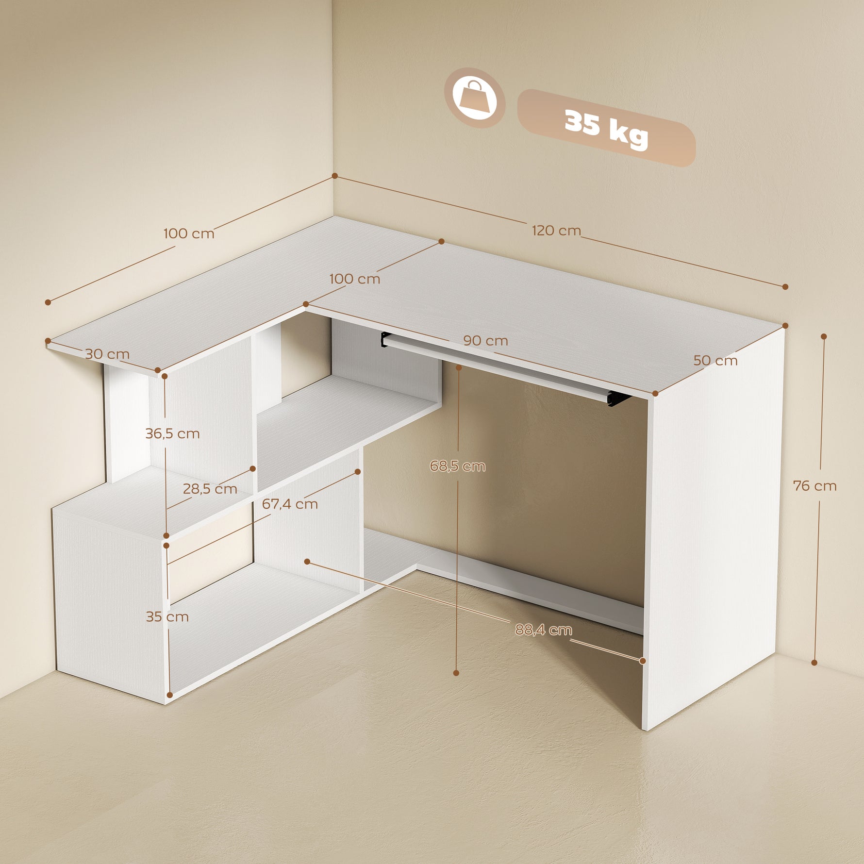 Bureau d'angle bureau en L avec étagères de rangement, plateau à clavier coulissant, 120x100x76cm, blanc