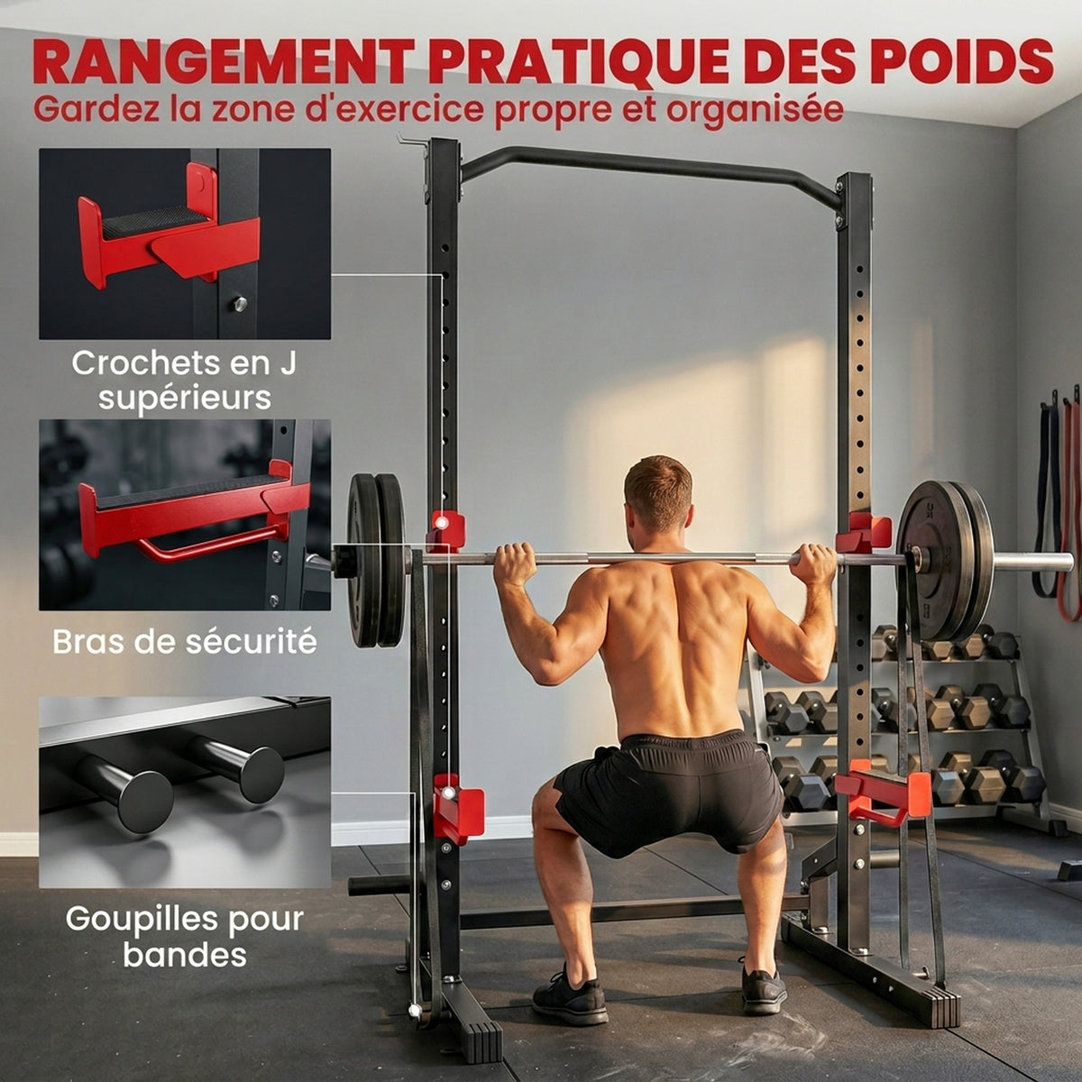 Power Tower Multifunzione Carico 500 kg, Barra per Trazioni, Rack per Squat, Supporti per Dischi, 157x105x205cm, Rosso