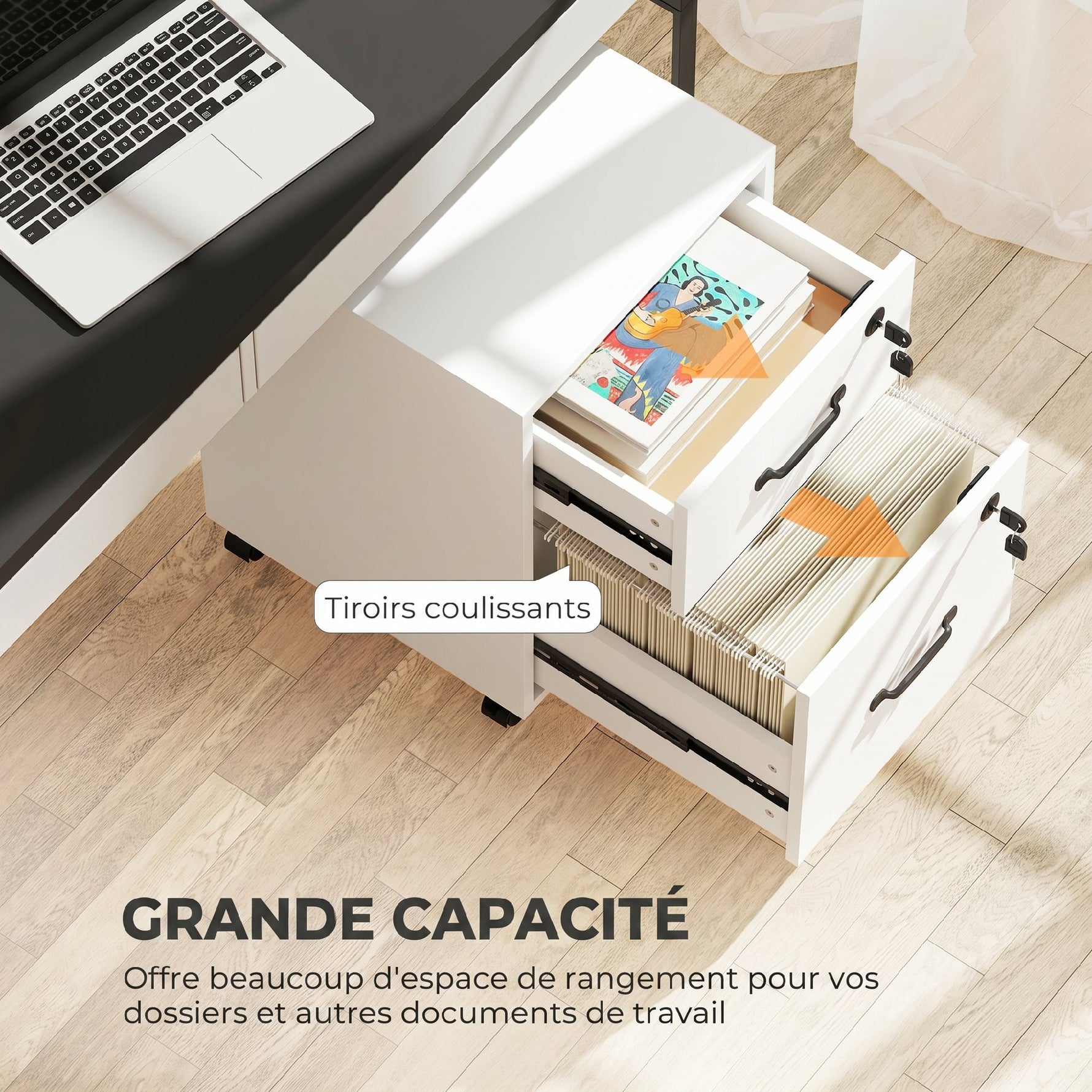 Caisson bureau mobile à 2 tiroirs, meuble rangement bureau sur roulettes pour documents suspendus format lettre, blanc