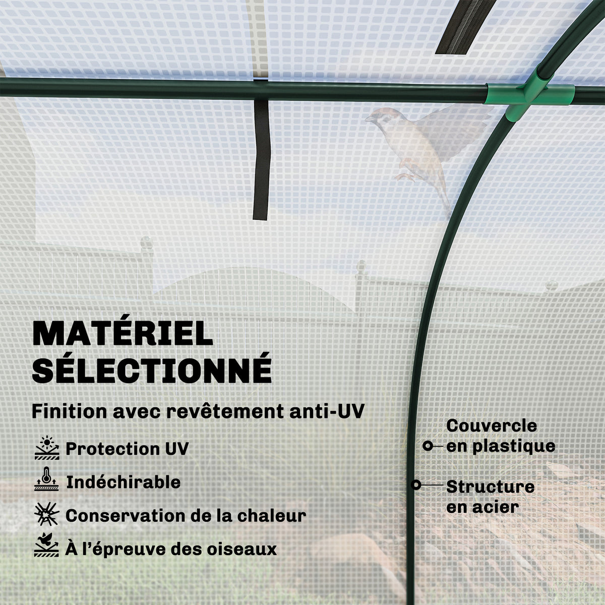 Mini serre de jardin serre à tomates 4 x 1 x 0,80 m acier PE anti-UV 4 portes avec zip enroulables blanc