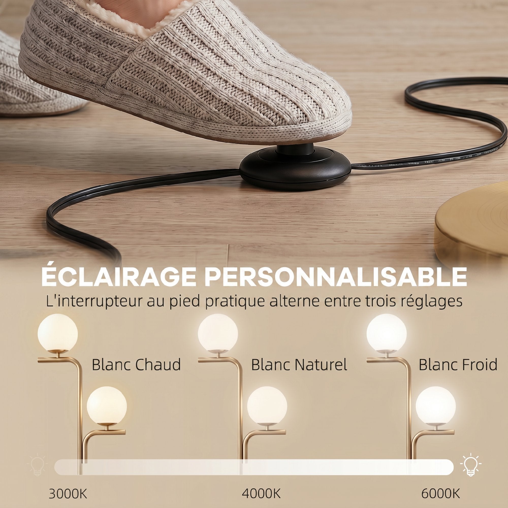 Lampadaire sur Pied Salon à Double Tête, Lampe sur Pied avec 3 Températures de Lumière, Abat-Jour en Verre, Doré