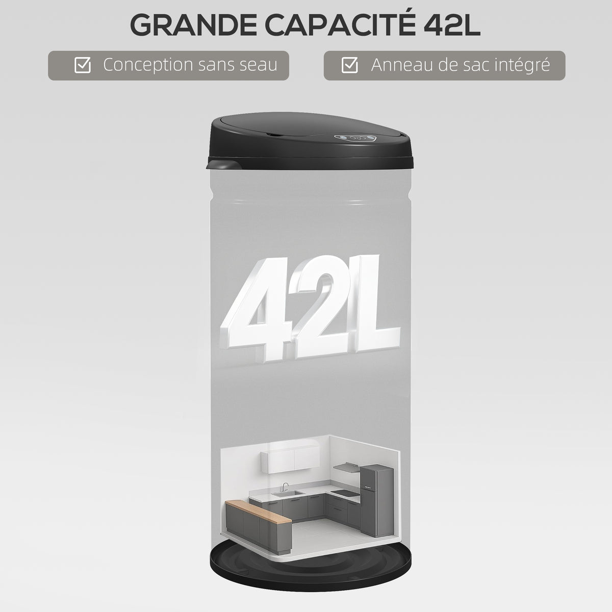 Poubelle cuisine automatique 42L acier inoxydable, poubelle à couvercle à fermeture en douceur, 30,5x30,5x68cm, noir