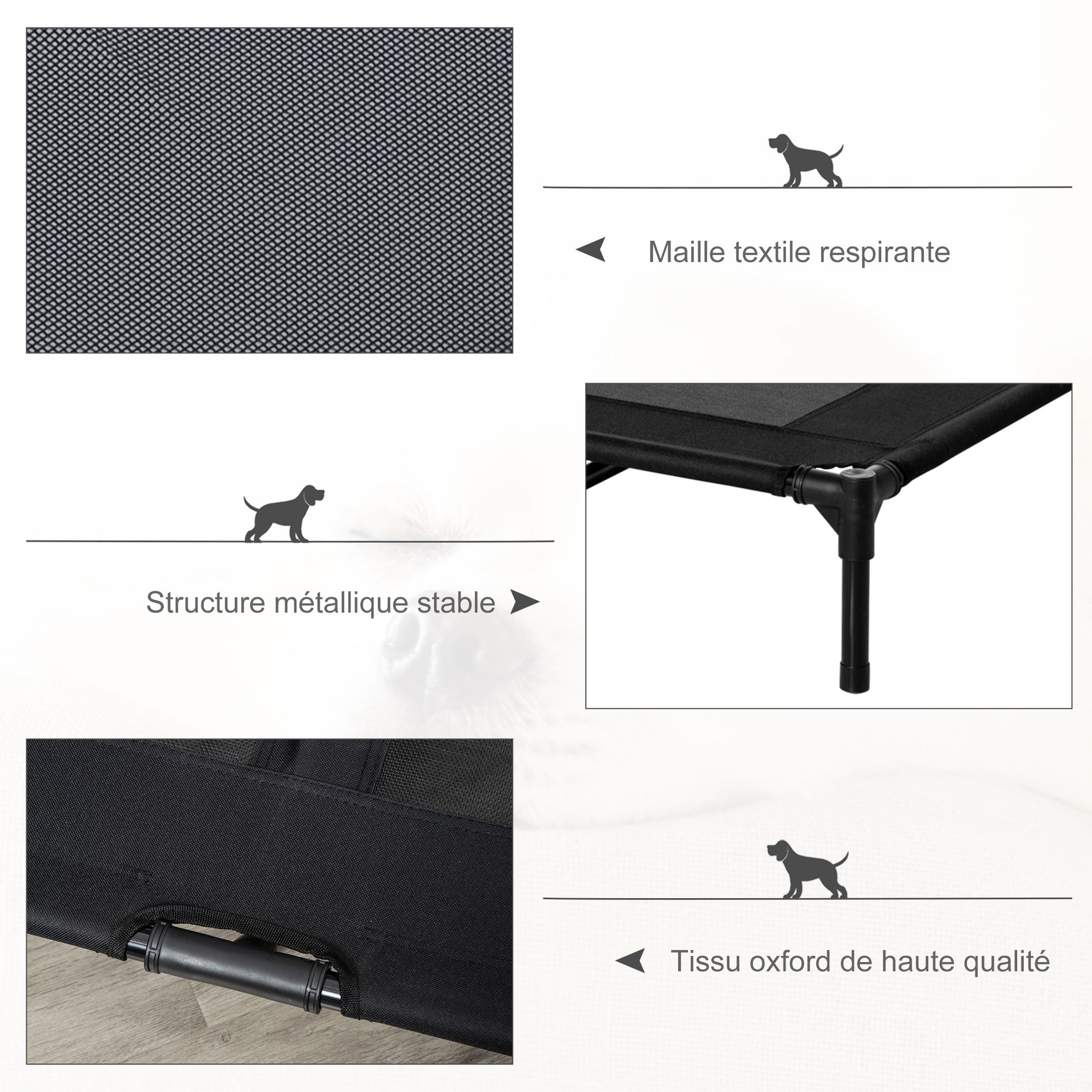 Lit sur pieds lit pour chien chat lit de camp lit surélevé animaux grand confort tissu Oxford textilène micro-perforé métal 92L x 76l x 18H cm noir