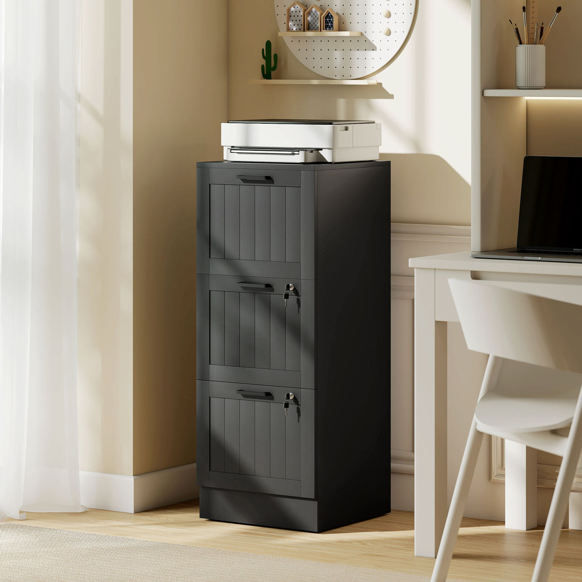 Cajonera de oficina, mueble de almacenamiento de madera con 3 cajones y cerradura, barras de suspensión ajustables, 40 x 40 x 101 cm, negro