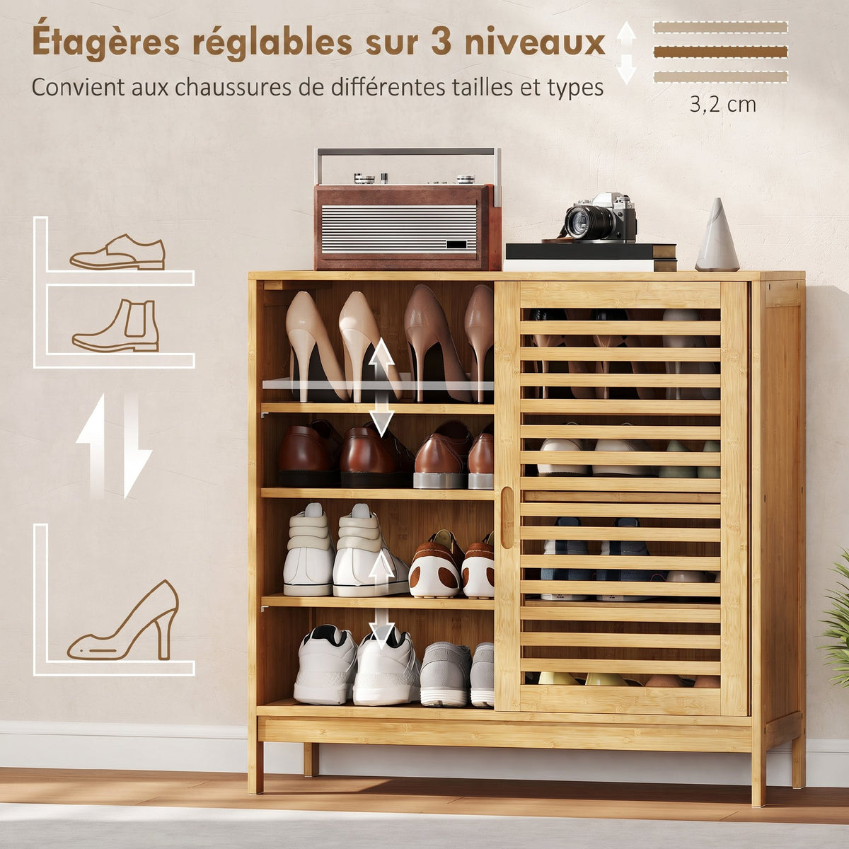 Meuble à chaussures en bambou 16 paires, armoire à chaussures, 2 portes coulissantes, étagères réglables, bois naturel