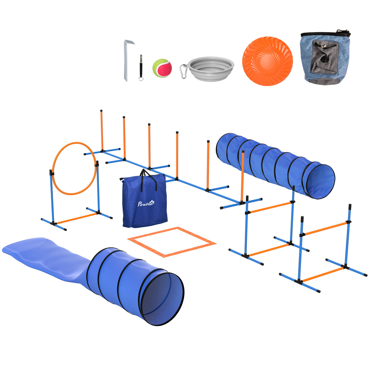 Ensemble d'Agilité pour Chien 11 Pièces, Parcours d'Obstacle avec 2 Tunnels, Sauts Ajustables, Orange et Bleu
