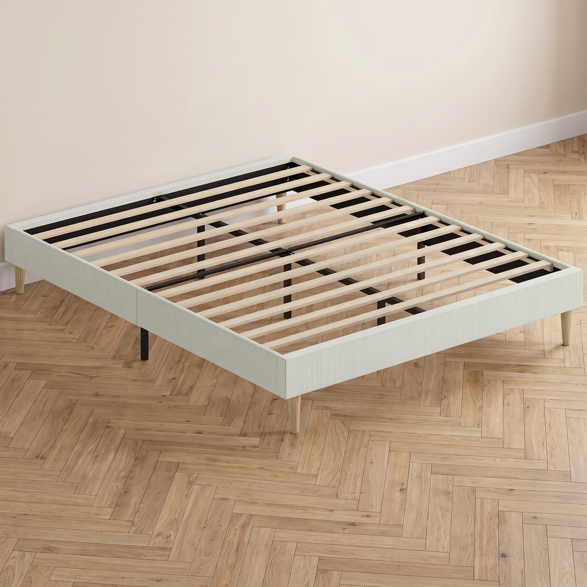 Cadre de Lit 140 x 190 cm avec Sommier, Lit Double Rembourré en Velours Côtelé, Espace de Rangement Au-Dessous, Crème
