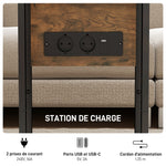 Table d'appoint bout de canapé avec station de charge, plateau pliable, 39 x 29 x 57 cm, brun rustique et noir