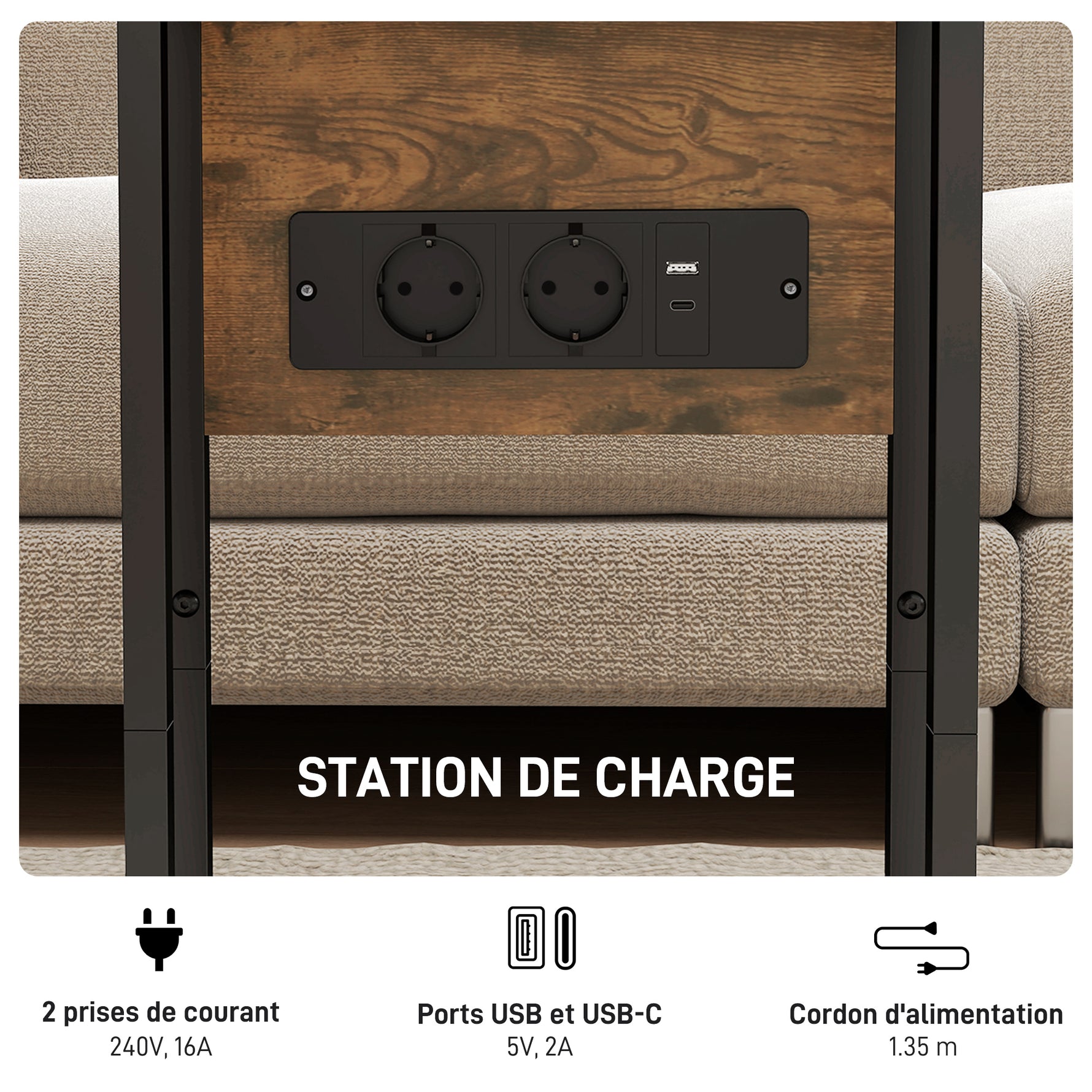 Table d'appoint bout de canapé avec station de charge, plateau pliable, 39 x 29 x 57 cm, brun rustique et noir
