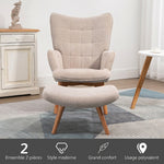 Fauteuil avec repose pied, dossier haut, pieds en bois et tissu aspect velours côtelé, pour salon chambre à coucher beige