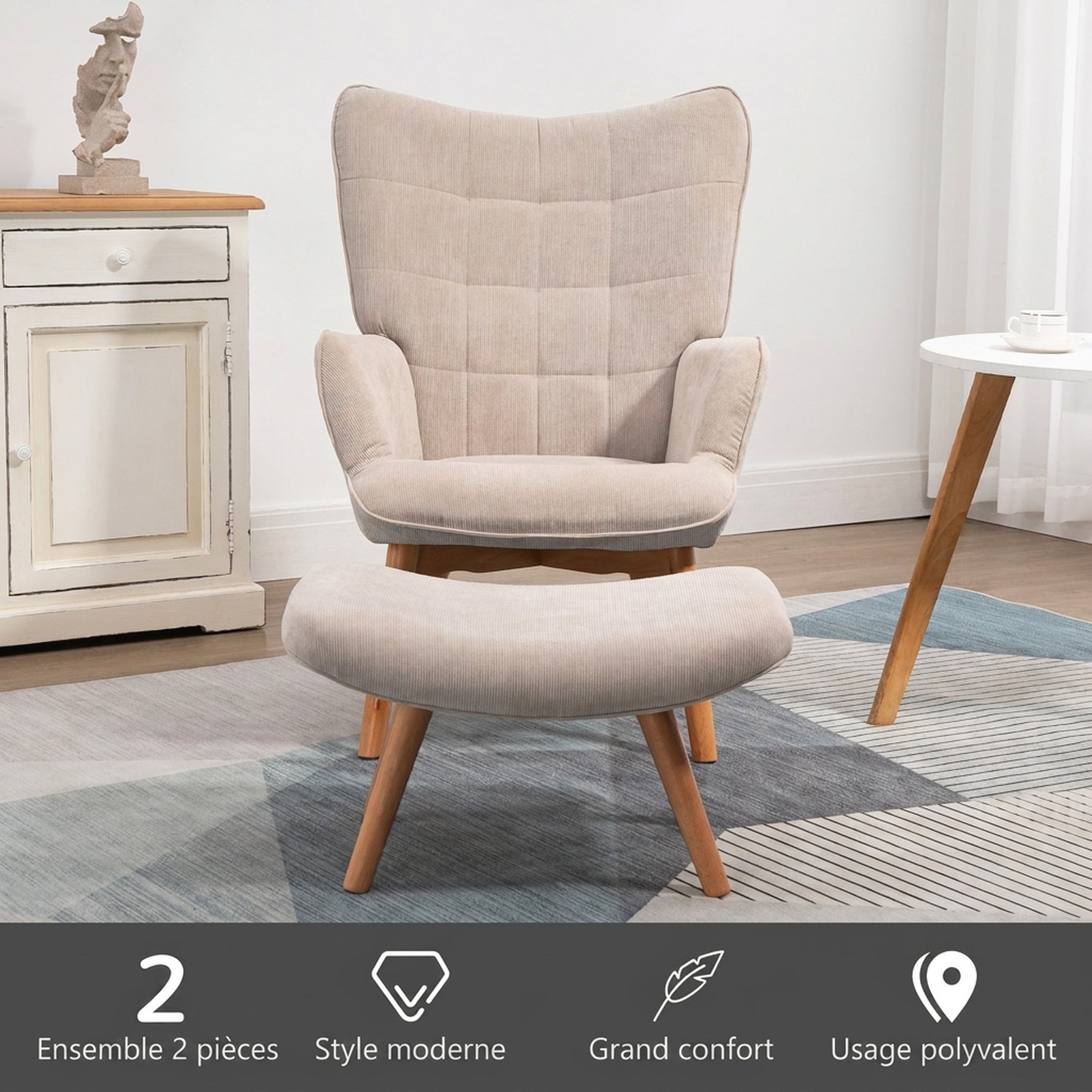 Fauteuil avec repose pied, dossier haut, pieds en bois et tissu aspect velours côtelé, pour salon chambre à coucher beige