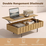 Table Basse Relevable avec 2 Compartiments Cachés et Latéraux Cannelés, Style Mid-Century Modern, 110x55x36,5cm, Chêne