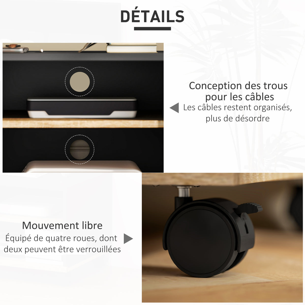 Meuble TV sur roulettes avec 2 Freins - 2 niches + Placard Porte 2 Passe-Fil - en bois Noir chêne Clair