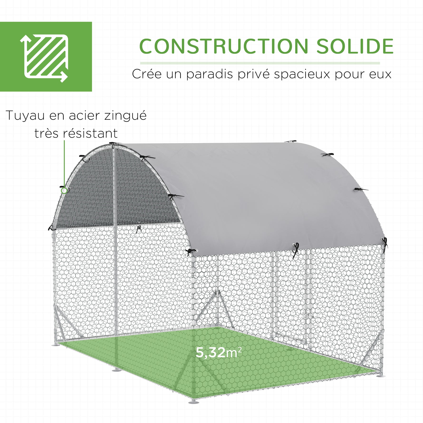 Grand enclos poulailler 5,32 ㎡ parc grillagé toit anti-UV porte verouillable 2,8 x 1,9 x 1,97 m argenté