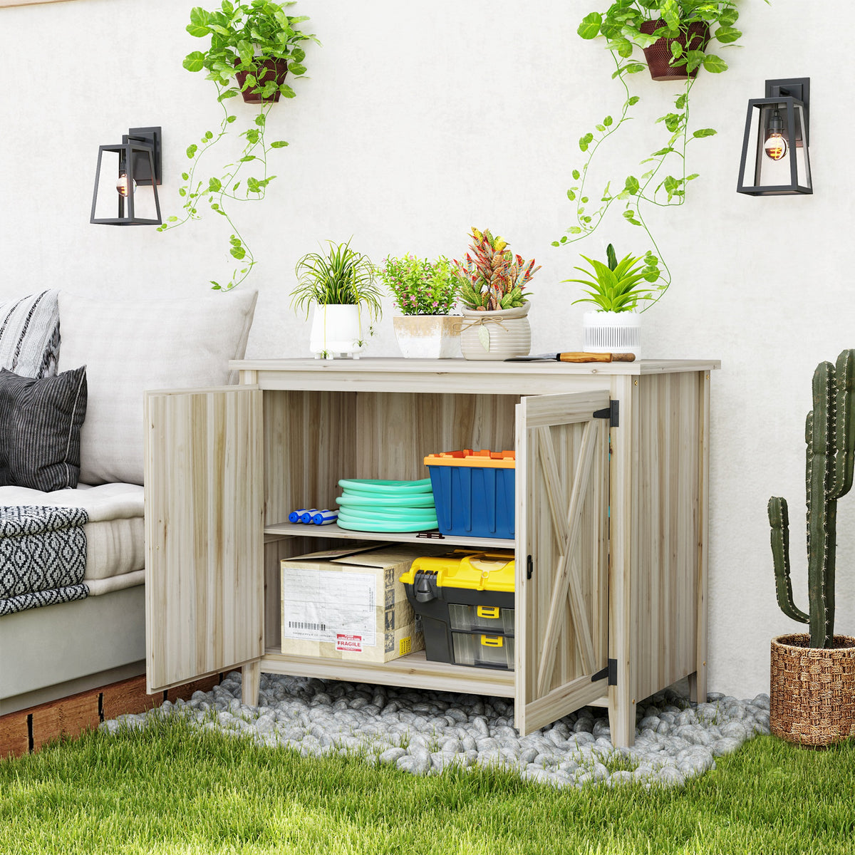 Armoire de jardin en bois, placard de jardin en bois avec étagères et double portes, 110 x 60 x 88,5 cm, bois naturel