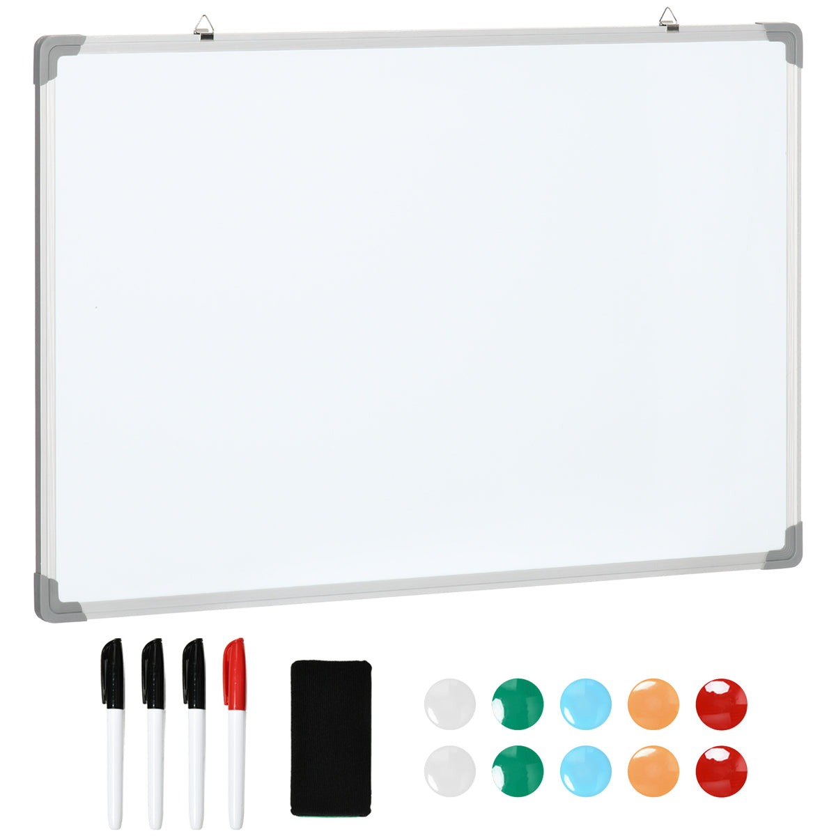Tableau blanc magnétique cadre aluminium 90 x 60 cm avec feutres, effaceur et aimants